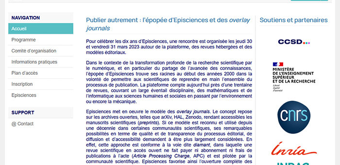 Copie d'écran du site de Sciencesconf.org annonçant la célébration des dix ans d’Episciences