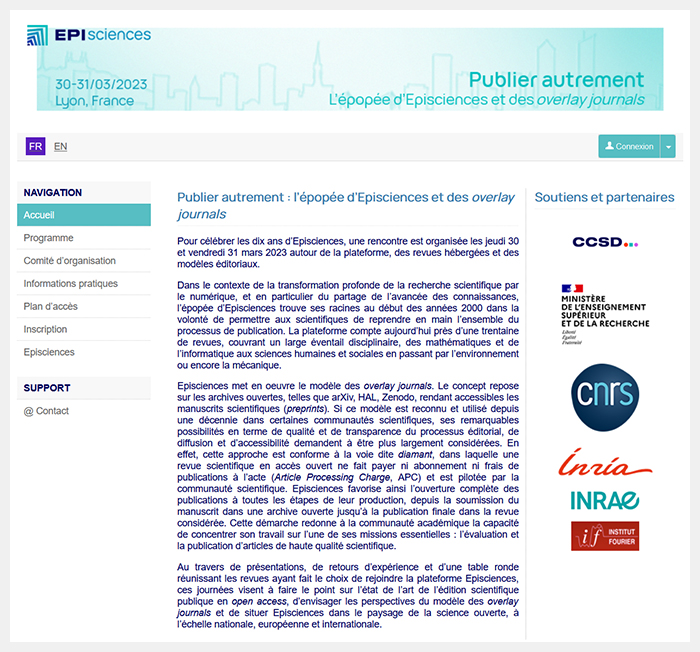 Copie d'écran du site de Sciencesconf.org annonçant la célébration des dix ans d’Episciences